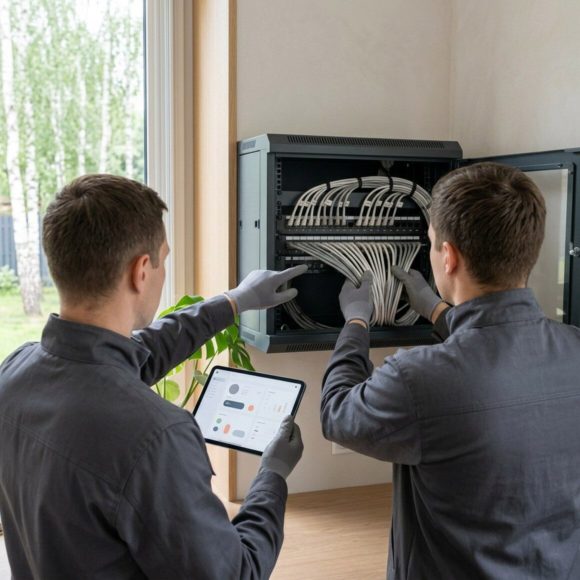 Двое монтажников коммутируют слаботочный шкаф